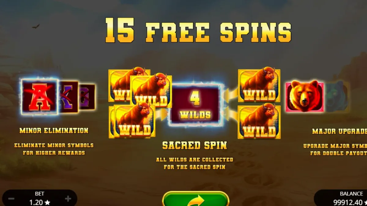 Tampilan visual slot Sacred Buffalo dengan latar belakang padang rumput Wild West yang dramatis.